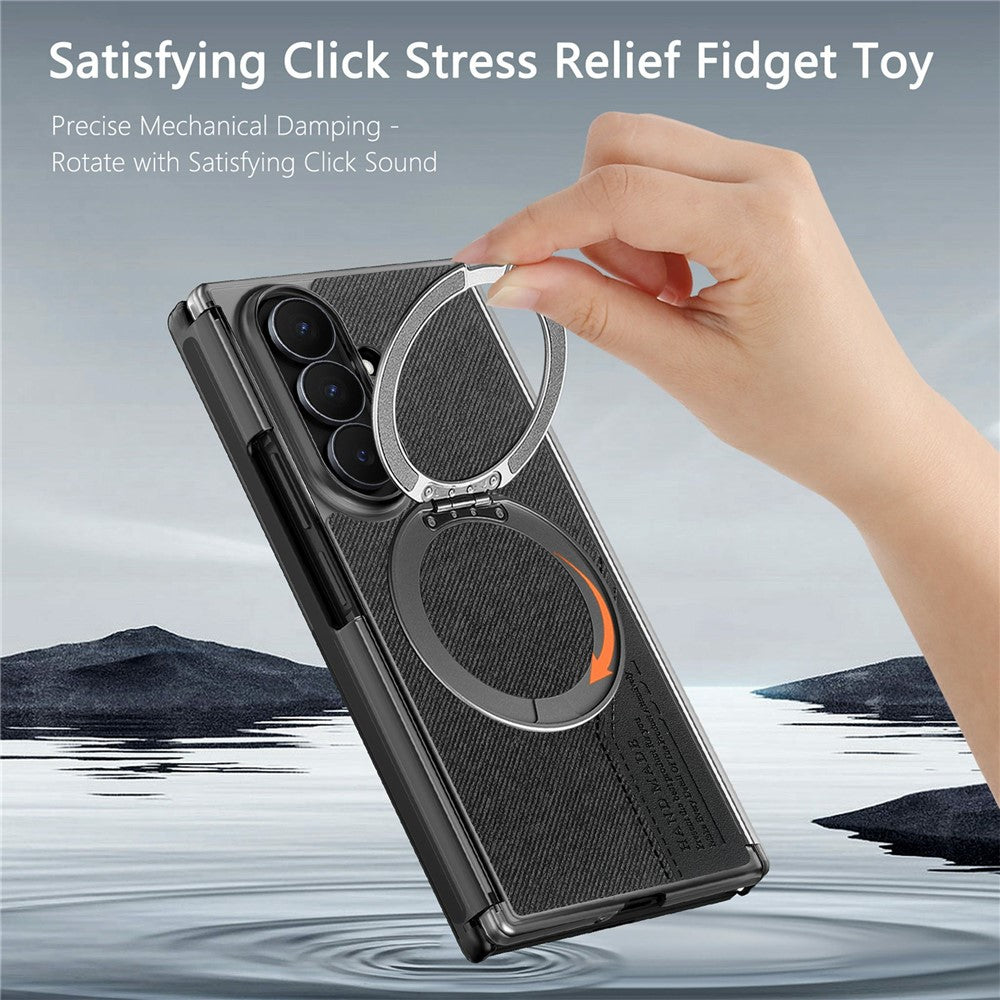 Til Samsung Galaxy Z TriFold 5G Magnetisk Telefoncover Dual Axis Stoftekstur Lædercover med 360° Roterende Ring Kickstand