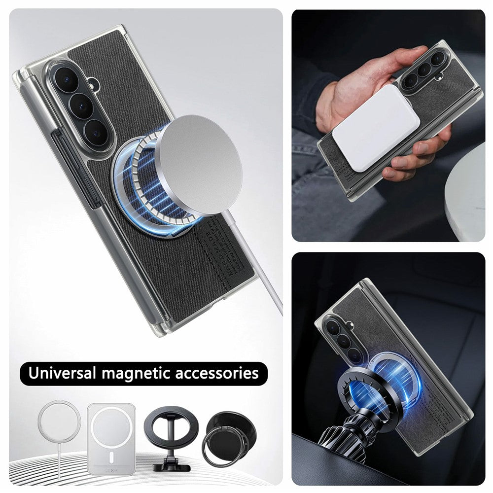 Til Samsung Galaxy Z TriFold 5G Magnetisk Telefoncover Dual Axis Stoftekstur Lædercover med 360° Roterende Ring Kickstand