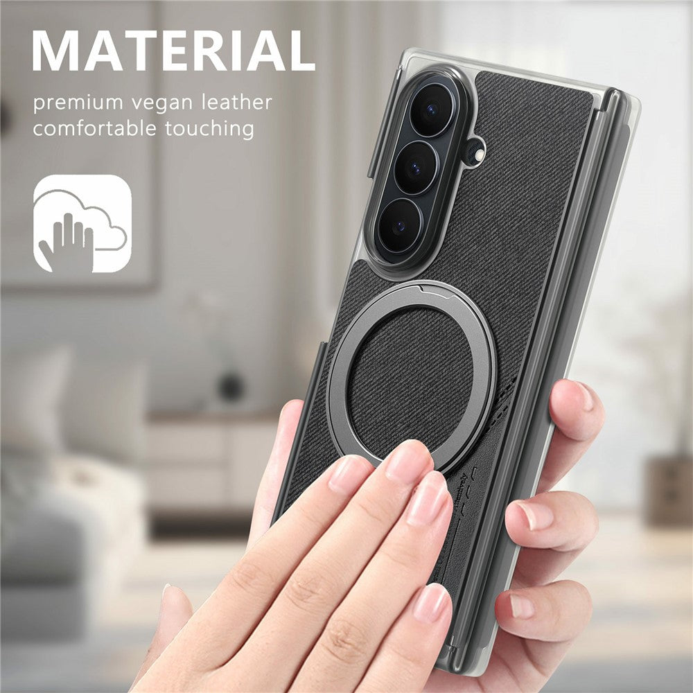Til Samsung Galaxy Z TriFold 5G Magnetisk Telefoncover Dual Axis Stoftekstur Lædercover med 360° Roterende Ring Kickstand