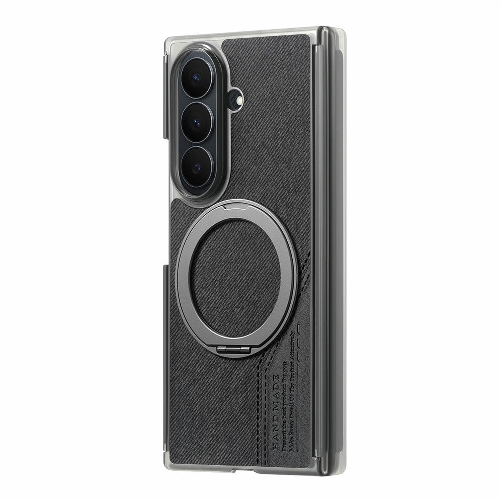Til Samsung Galaxy Z TriFold 5G Magnetisk Telefoncover Dual Axis Stoftekstur Lædercover med 360° Roterende Ring Kickstand