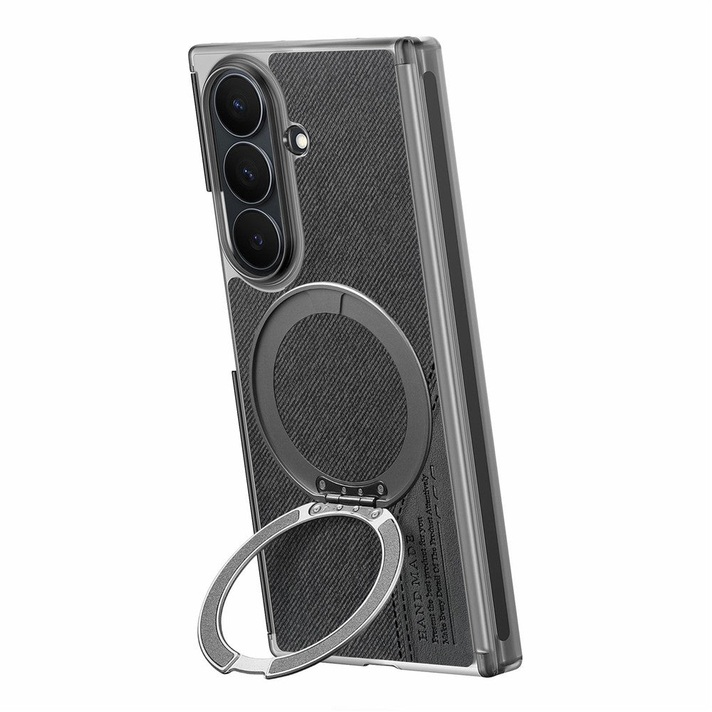 Til Samsung Galaxy Z TriFold 5G Magnetisk Telefoncover Dual Axis Stoftekstur Lædercover med 360° Roterende Ring Kickstand