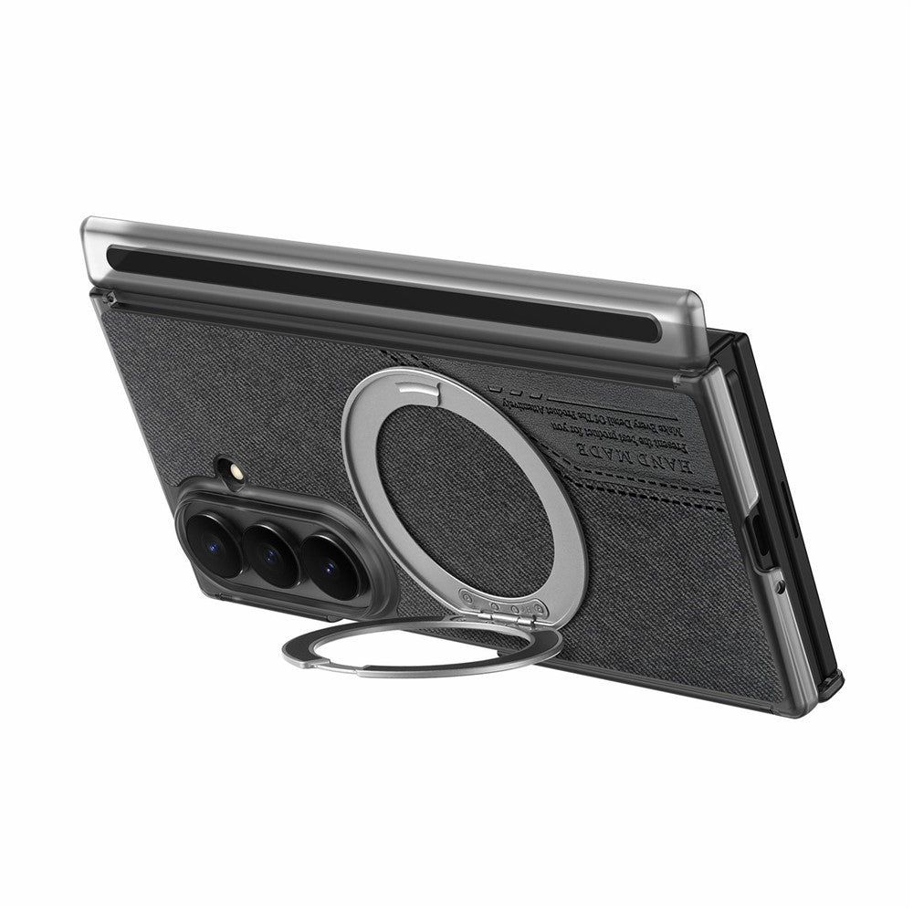 Til Samsung Galaxy Z TriFold 5G Magnetisk Telefoncover Dual Axis Stoftekstur Lædercover med 360° Roterende Ring Kickstand