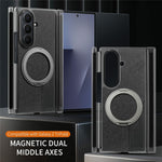 Til Samsung Galaxy Z TriFold 5G Magnetisk Telefoncover Dual Axis Stoftekstur Lædercover med 360° Roterende Ring Kickstand
