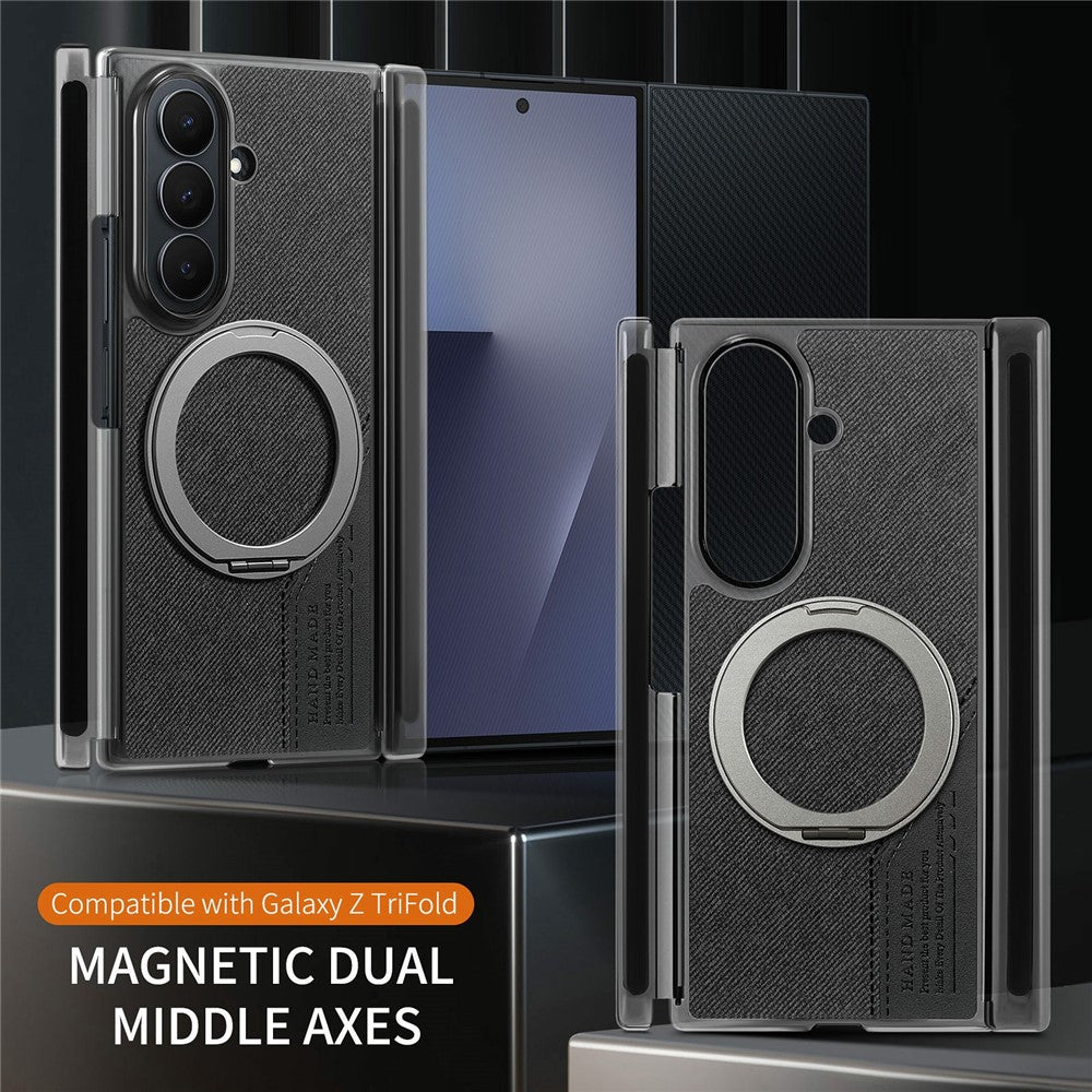 Til Samsung Galaxy Z TriFold 5G Magnetisk Telefoncover Dual Axis Stoftekstur Lædercover med 360° Roterende Ring Kickstand
