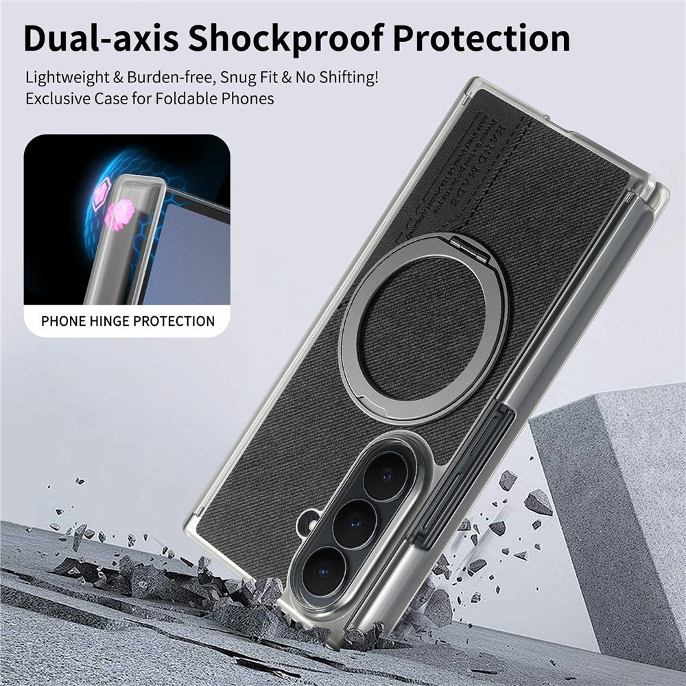 Til Samsung Galaxy Z TriFold 5G Magnetisk Telefoncover Dual Axis Stoftekstur Lædercover med 360° Roterende Ring Kickstand