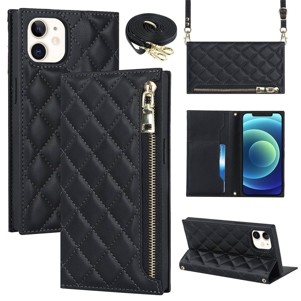 Anti-drop Phone Cover For iPhone 12 Pro 6.1 inch / 12 6.1 inch, Rhombus Imprinted Phone Case PU Leather Zipper Pocket Wallet Stand with Shoulder Strap