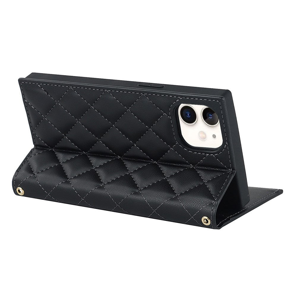 Anti-drop Phone Cover For iPhone 12 Pro 6.1 inch / 12 6.1 inch, Rhombus Imprinted Phone Case PU Leather Zipper Pocket Wallet Stand with Shoulder Strap