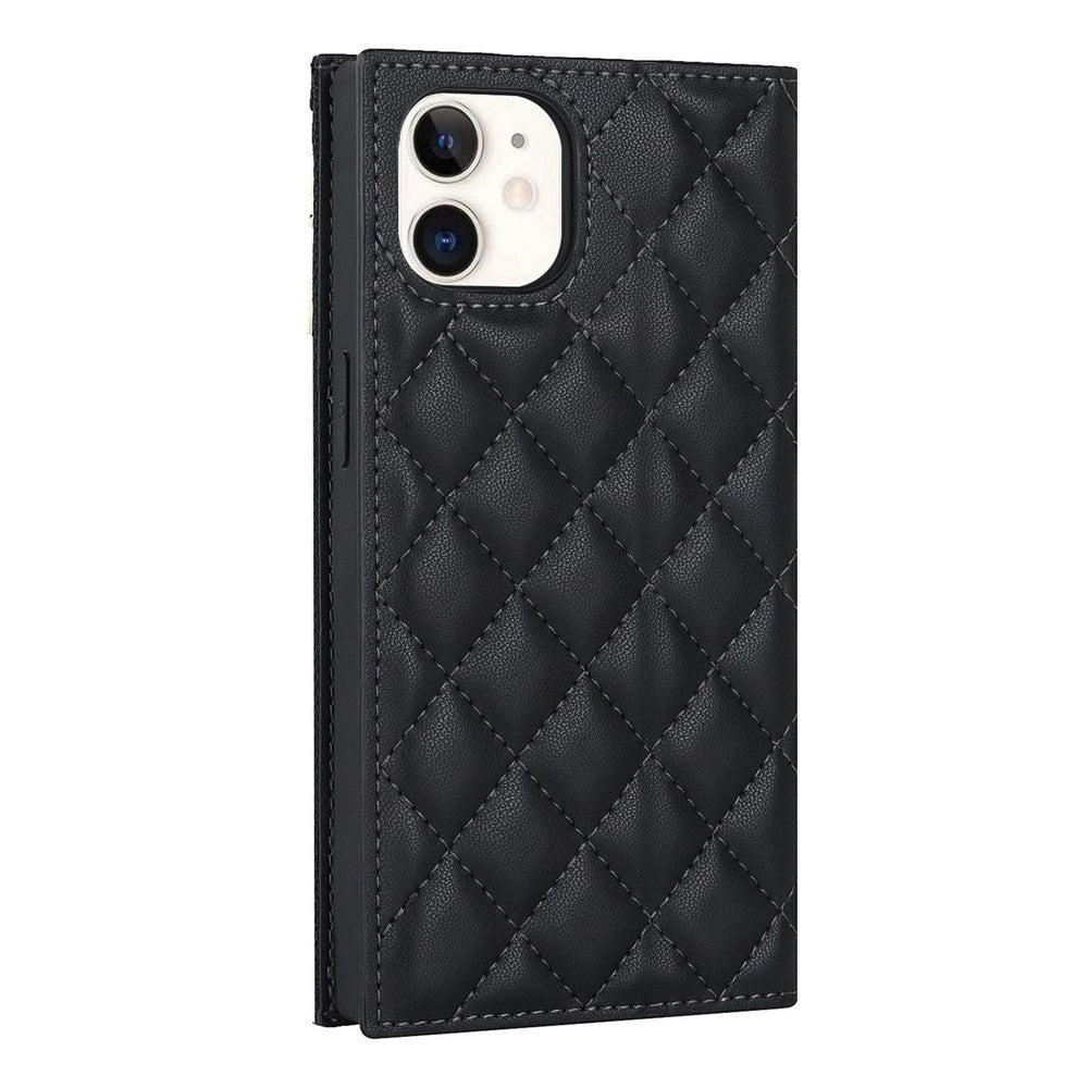 Anti-drop Phone Cover For iPhone 12 Pro 6.1 inch / 12 6.1 inch, Rhombus Imprinted Phone Case PU Leather Zipper Pocket Wallet Stand with Shoulder Strap