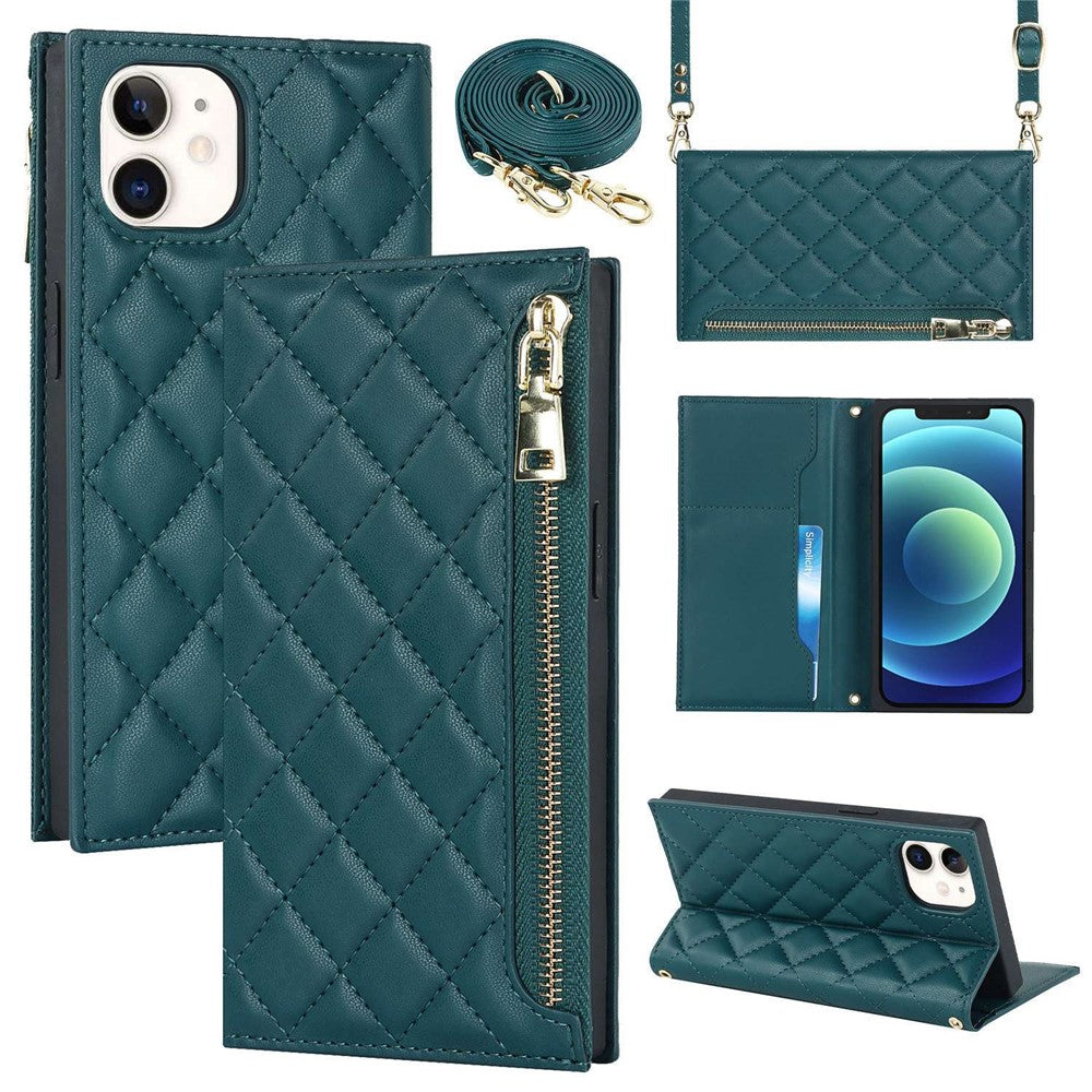 Anti-drop Phone Cover For iPhone 12 Pro 6.1 inch / 12 6.1 inch, Rhombus Imprinted Phone Case PU Leather Zipper Pocket Wallet Stand with Shoulder Strap
