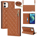 Anti-drop Phone Cover For iPhone 12 Pro 6.1 inch / 12 6.1 inch, Rhombus Imprinted Phone Case PU Leather Zipper Pocket Wallet Stand with Shoulder Strap
