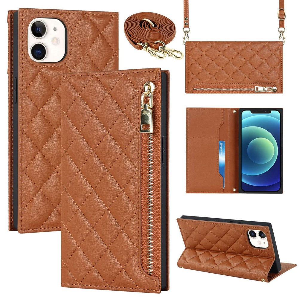 Anti-drop Phone Cover For iPhone 12 Pro 6.1 inch / 12 6.1 inch, Rhombus Imprinted Phone Case PU Leather Zipper Pocket Wallet Stand with Shoulder Strap