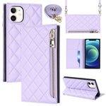 Anti-drop Phone Cover For iPhone 12 Pro 6.1 inch / 12 6.1 inch, Rhombus Imprinted Phone Case PU Leather Zipper Pocket Wallet Stand with Shoulder Strap