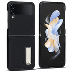 Til Samsung Galaxy Z Flip4 5G Sammenfoldelig Telefoncover Litchi Tekstur Ægte Læderbelagt PC Cover med Støttefod