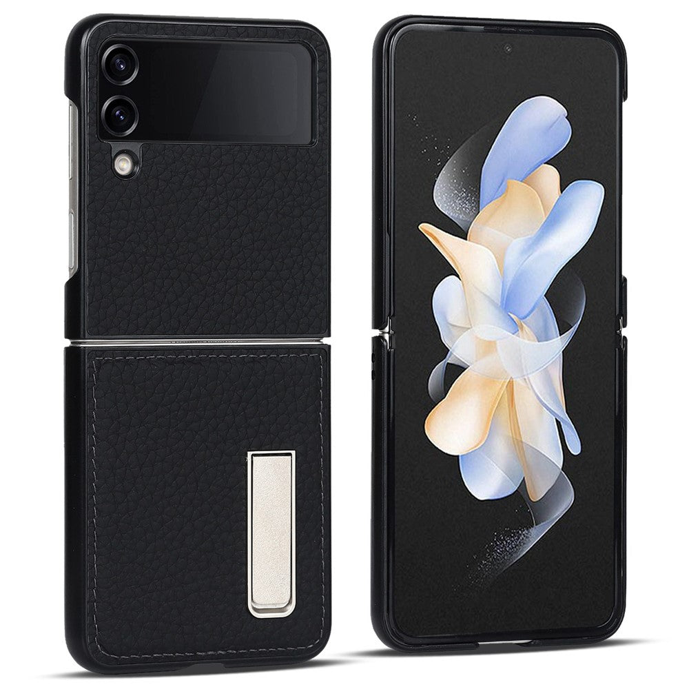 Til Samsung Galaxy Z Flip4 5G Sammenfoldelig Telefoncover Litchi Tekstur Ægte Læderbelagt PC Cover med Støttefod