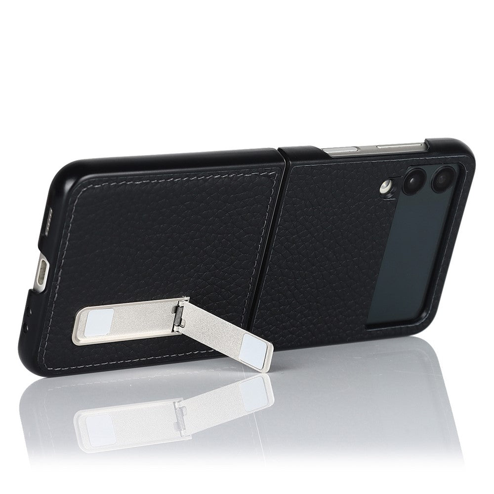 Til Samsung Galaxy Z Flip4 5G Sammenfoldelig Telefoncover Litchi Tekstur Ægte Læderbelagt PC Cover med Støttefod