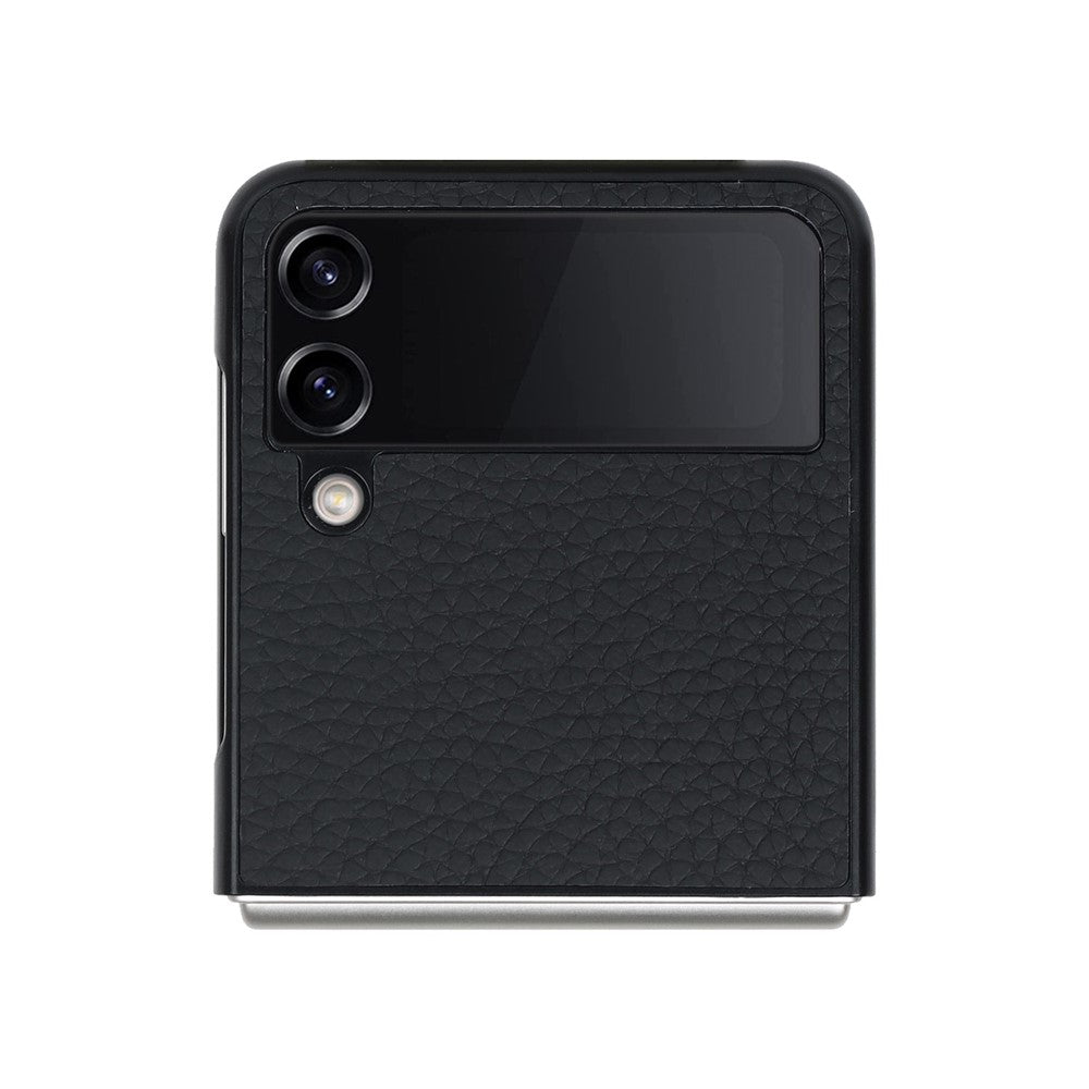 Til Samsung Galaxy Z Flip4 5G Sammenfoldelig Telefoncover Litchi Tekstur Ægte Læderbelagt PC Cover med Støttefod