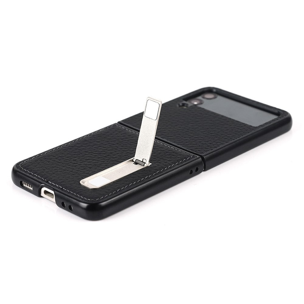 Til Samsung Galaxy Z Flip4 5G Sammenfoldelig Telefoncover Litchi Tekstur Ægte Læderbelagt PC Cover med Støttefod