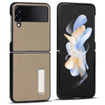 Til Samsung Galaxy Z Flip4 5G Sammenfoldelig Telefoncover Litchi Tekstur Ægte Læderbelagt PC Cover med Støttefod