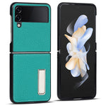 Til Samsung Galaxy Z Flip4 5G Sammenfoldelig Telefoncover Litchi Tekstur Ægte Læderbelagt PC Cover med Støttefod
