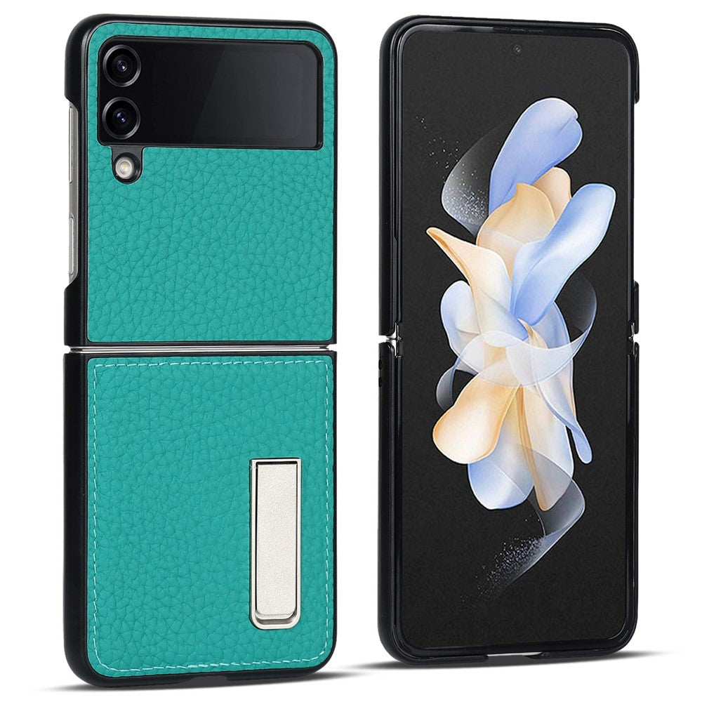 Til Samsung Galaxy Z Flip4 5G Sammenfoldelig Telefoncover Litchi Tekstur Ægte Læderbelagt PC Cover med Støttefod