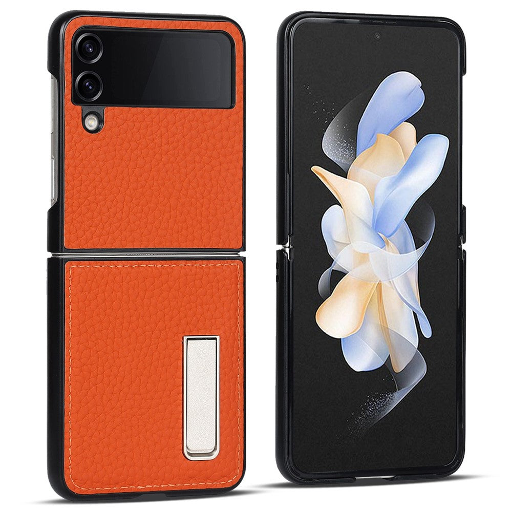 Til Samsung Galaxy Z Flip4 5G Sammenfoldelig Telefoncover Litchi Tekstur Ægte Læderbelagt PC Cover med Støttefod