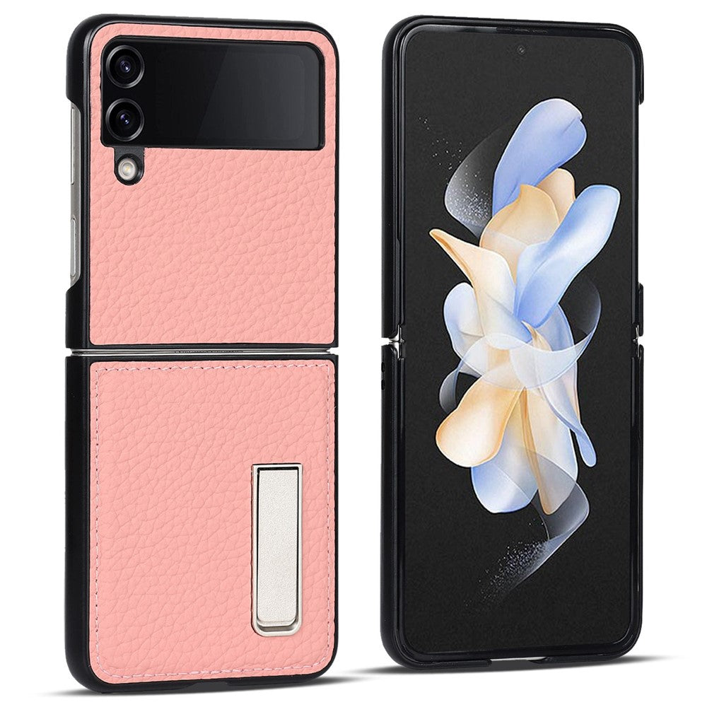 Til Samsung Galaxy Z Flip4 5G Sammenfoldelig Telefoncover Litchi Tekstur Ægte Læderbelagt PC Cover med Støttefod
