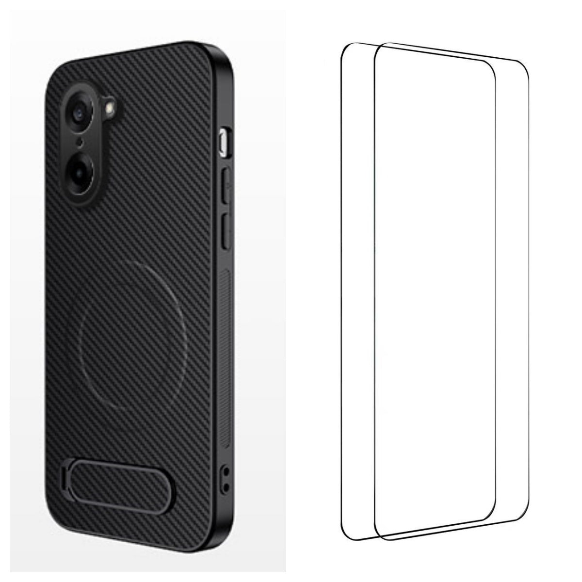 WANLONFENG Magnetiskt skal för OnePlus Ace 5 Racing 5G / OnePlus Nord CE5 5G med 2 st. härdat glas QT1-serien Stativ Kolfiberstruktur PC TPU mobilskal