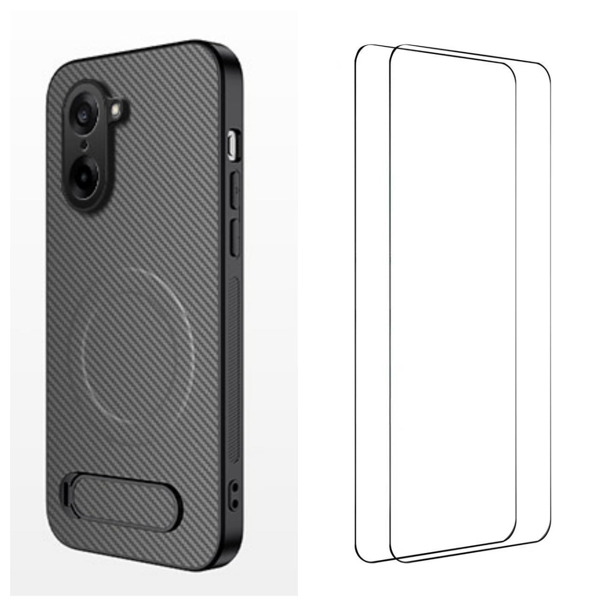 WANLONFENG Magnetiskt skal för OnePlus Ace 5 Racing 5G / OnePlus Nord CE5 5G med 2 st. härdat glas QT1-serien Stativ Kolfiberstruktur PC TPU mobilskal