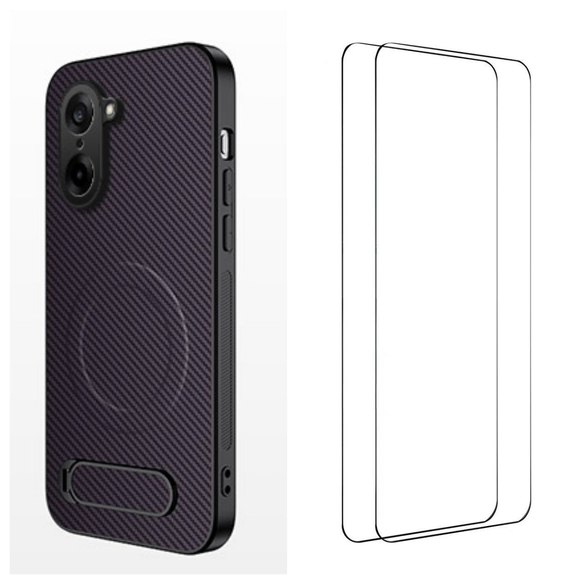 WANLONFENG Magnetiskt skal för OnePlus Ace 5 Racing 5G / OnePlus Nord CE5 5G med 2 st. härdat glas QT1-serien Stativ Kolfiberstruktur PC TPU mobilskal