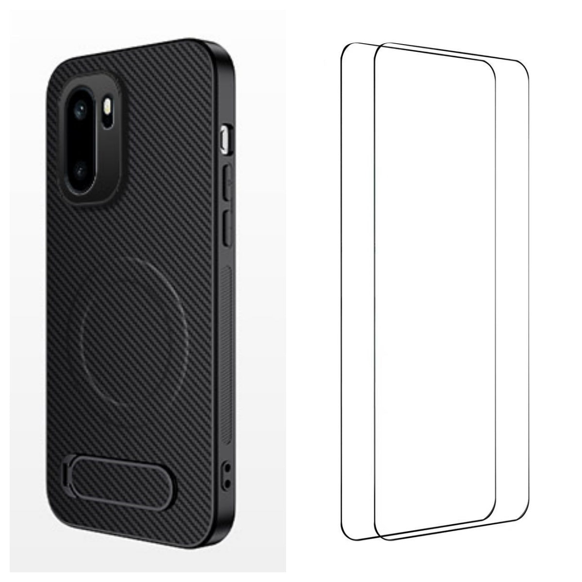 WANLONFENG Magnetiskt skal för OnePlus Ace 6 5G / OnePlus Ace 6T 5G / OnePlus 15R 5G med 2 st. härdat glas, QT1-serien, stativ, kolfiberstruktur, PC TPU, mobilskal