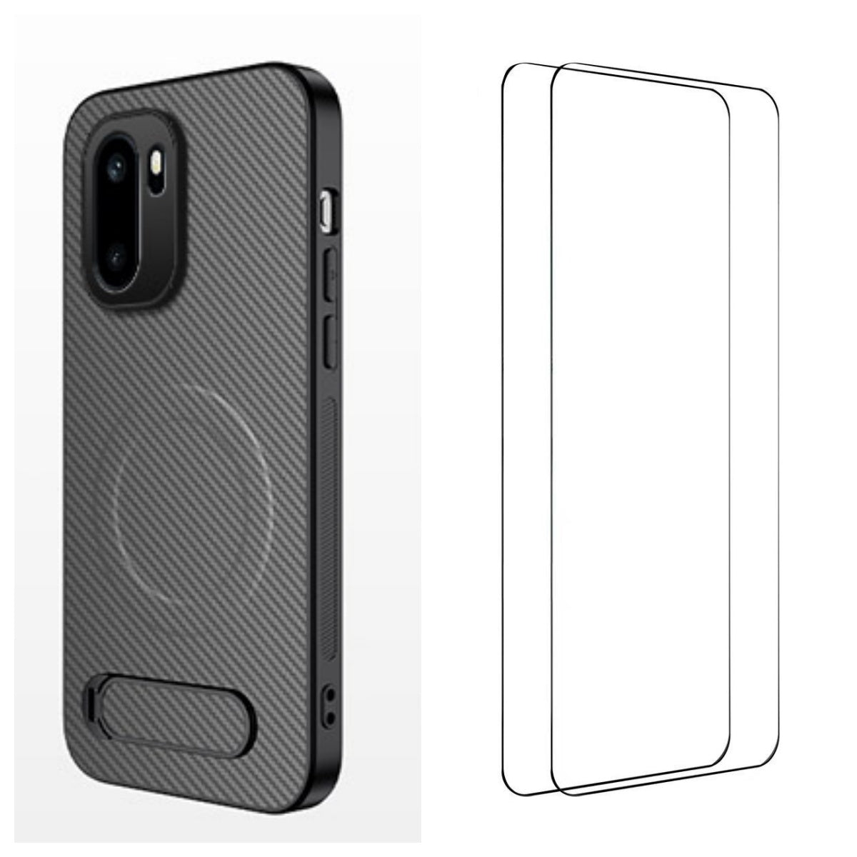 WANLONFENG Magnetiskt skal för OnePlus Ace 6 5G / OnePlus Ace 6T 5G / OnePlus 15R 5G med 2 st. härdat glas, QT1-serien, stativ, kolfiberstruktur, PC TPU, mobilskal