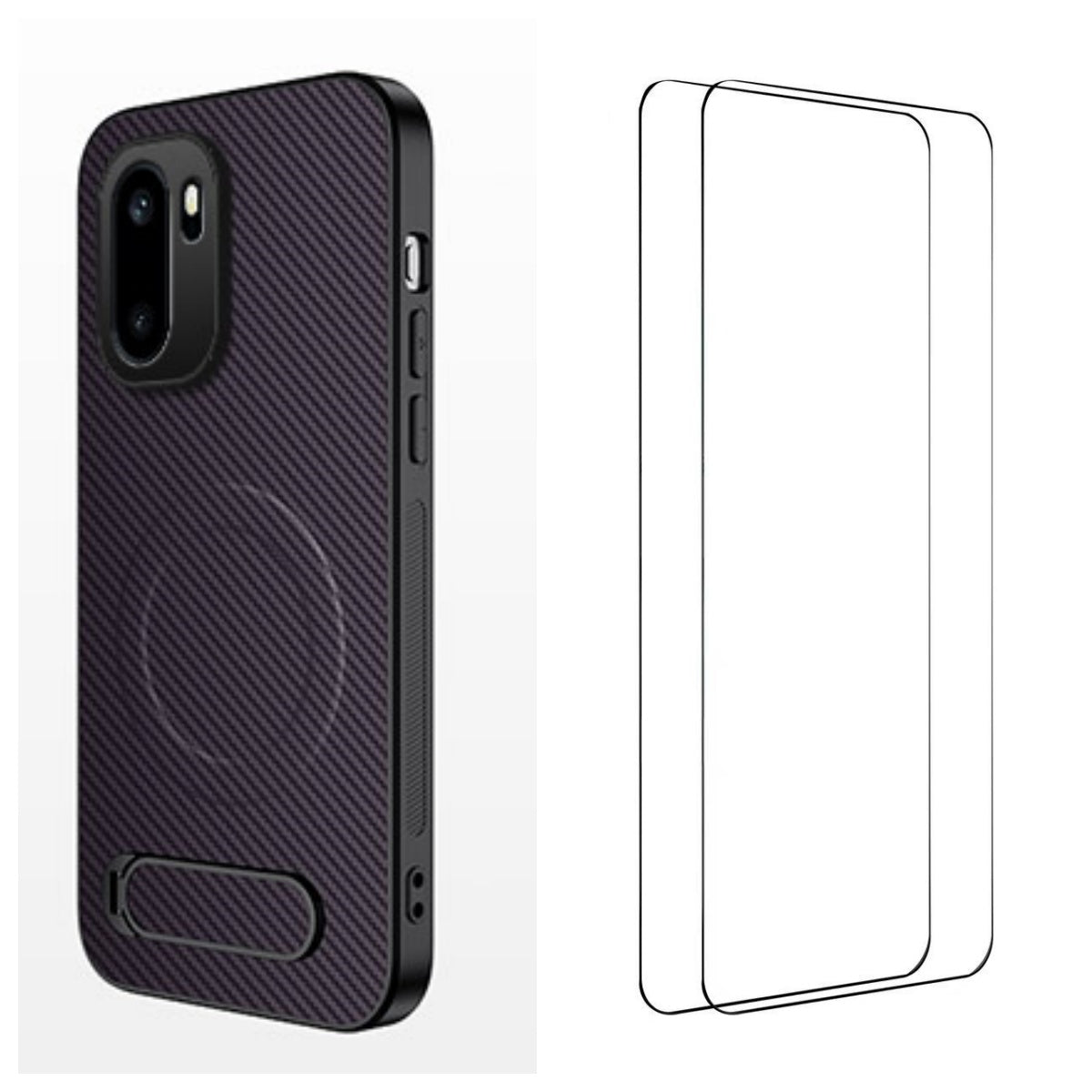 WANLONFENG Magnetiskt skal för OnePlus Ace 6 5G / OnePlus Ace 6T 5G / OnePlus 15R 5G med 2 st. härdat glas, QT1-serien, stativ, kolfiberstruktur, PC TPU, mobilskal