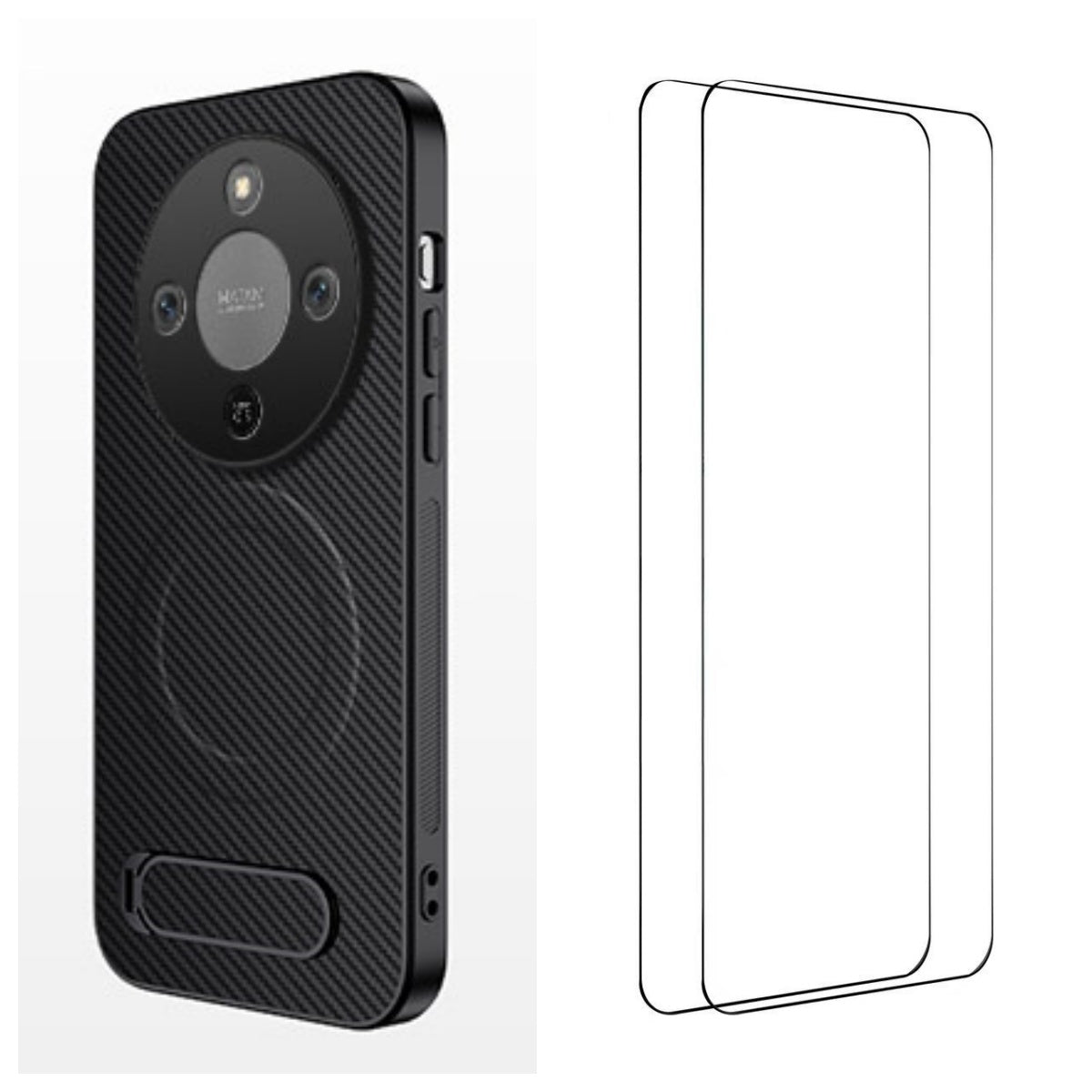 WANLONFENG Magnetiskt skal för Honor X70 5G / Honor X9d 5G / Honor Magic8 Lite 5G med 2 st. härdat glas QT1-seriens stativ Kolfiberstruktur PC TPU-mobilskal