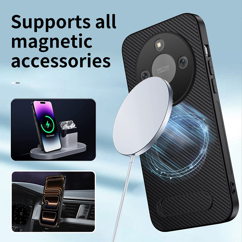 WANLONFENG Magnetiskt skal för Honor X70 5G / Honor X9d 5G / Honor Magic8 Lite 5G med 2 st. härdat glas QT1-seriens stativ Kolfiberstruktur PC TPU-mobilskal