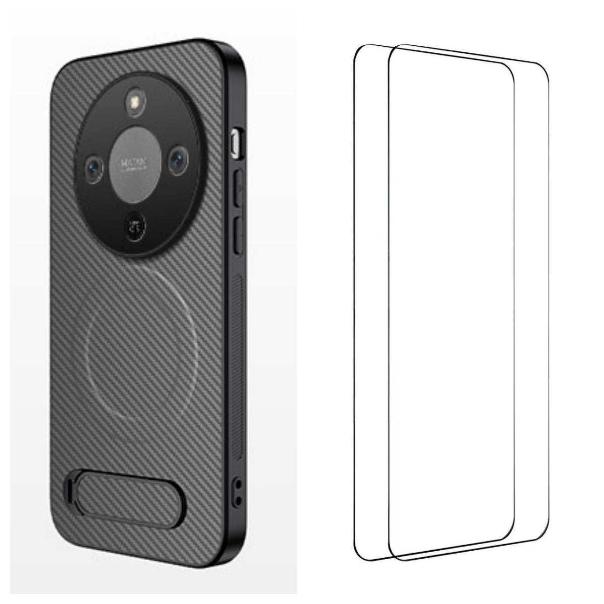 WANLONFENG Magnetiskt skal för Honor X70 5G / Honor X9d 5G / Honor Magic8 Lite 5G med 2 st. härdat glas QT1-seriens stativ Kolfiberstruktur PC TPU-mobilskal