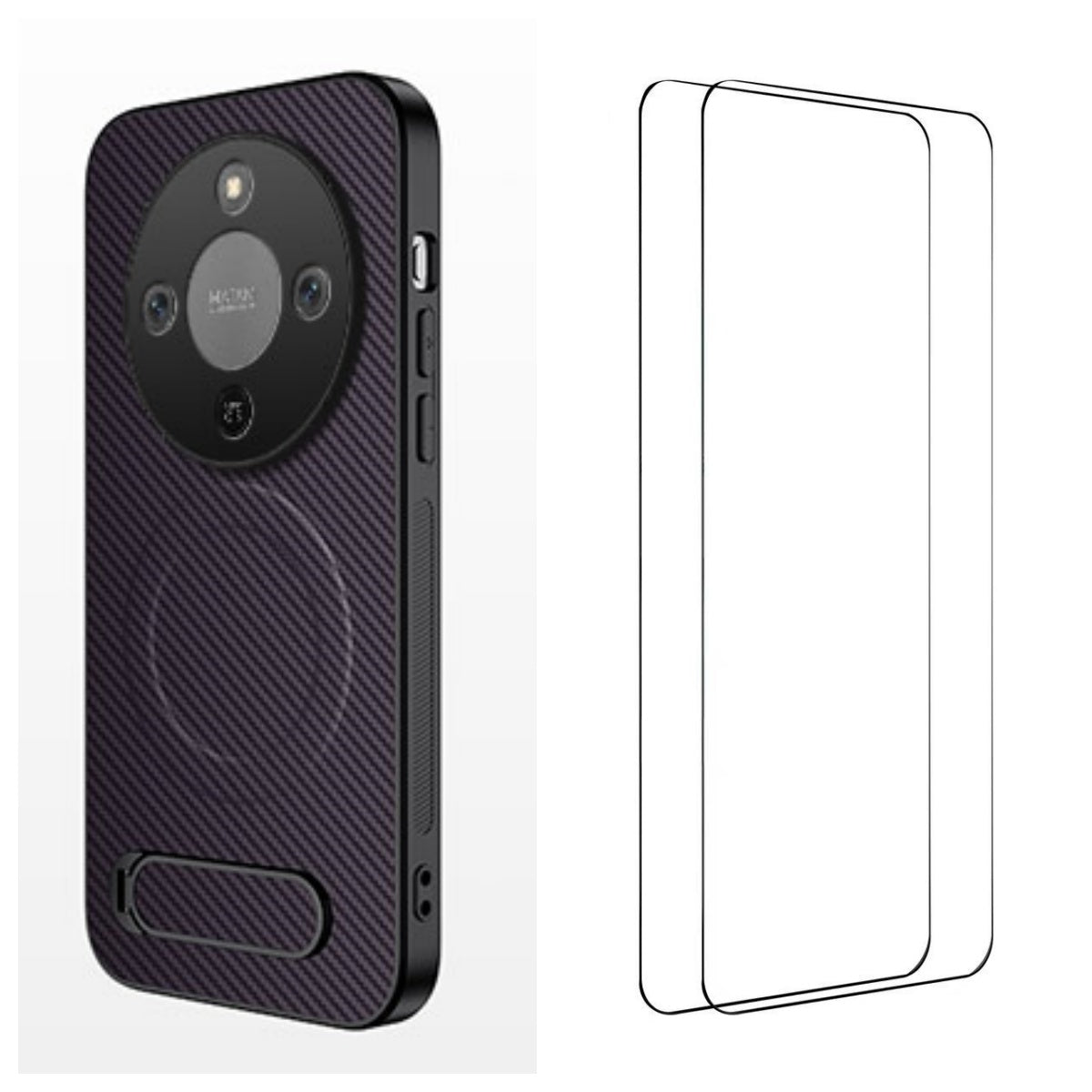 WANLONFENG Magnetiskt skal för Honor X70 5G / Honor X9d 5G / Honor Magic8 Lite 5G med 2 st. härdat glas QT1-seriens stativ Kolfiberstruktur PC TPU-mobilskal