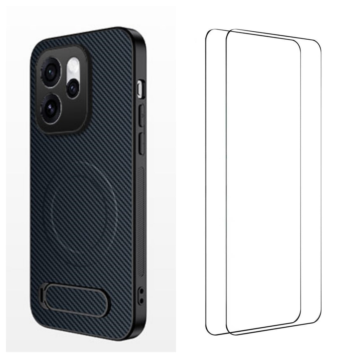 WANLONFENG magnetisk cover til Oppo Reno15 F 5G med 2 stk. hærdet glas, QT1-serien, stativ, kolfibertekstureret PC TPU-cover til mobil