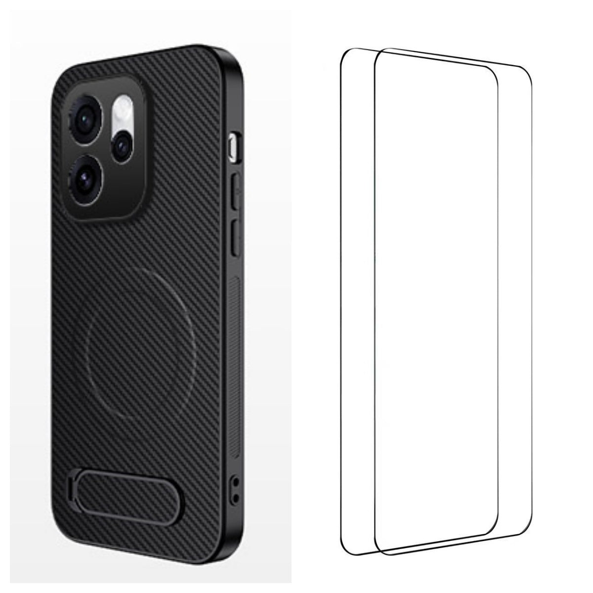 WANLONFENG magnetisk cover med 2 stk. hærdet glas i QT1-serien, stativ, kulfiberstruktur og PC-TPU-mobilcover til Oppo Reno15 Pro Max 5G (Global) / Oppo Reno15 Pro 5G (Kina)