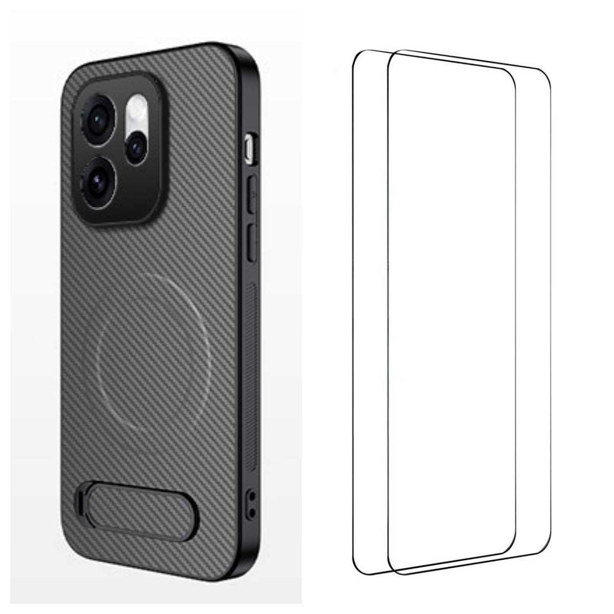 WANLONFENG magnetisk cover med 2 stk. hærdet glas i QT1-serien, stativ, kulfiberstruktur og PC-TPU-mobilcover til Oppo Reno15 Pro Max 5G (Global) / Oppo Reno15 Pro 5G (Kina)
