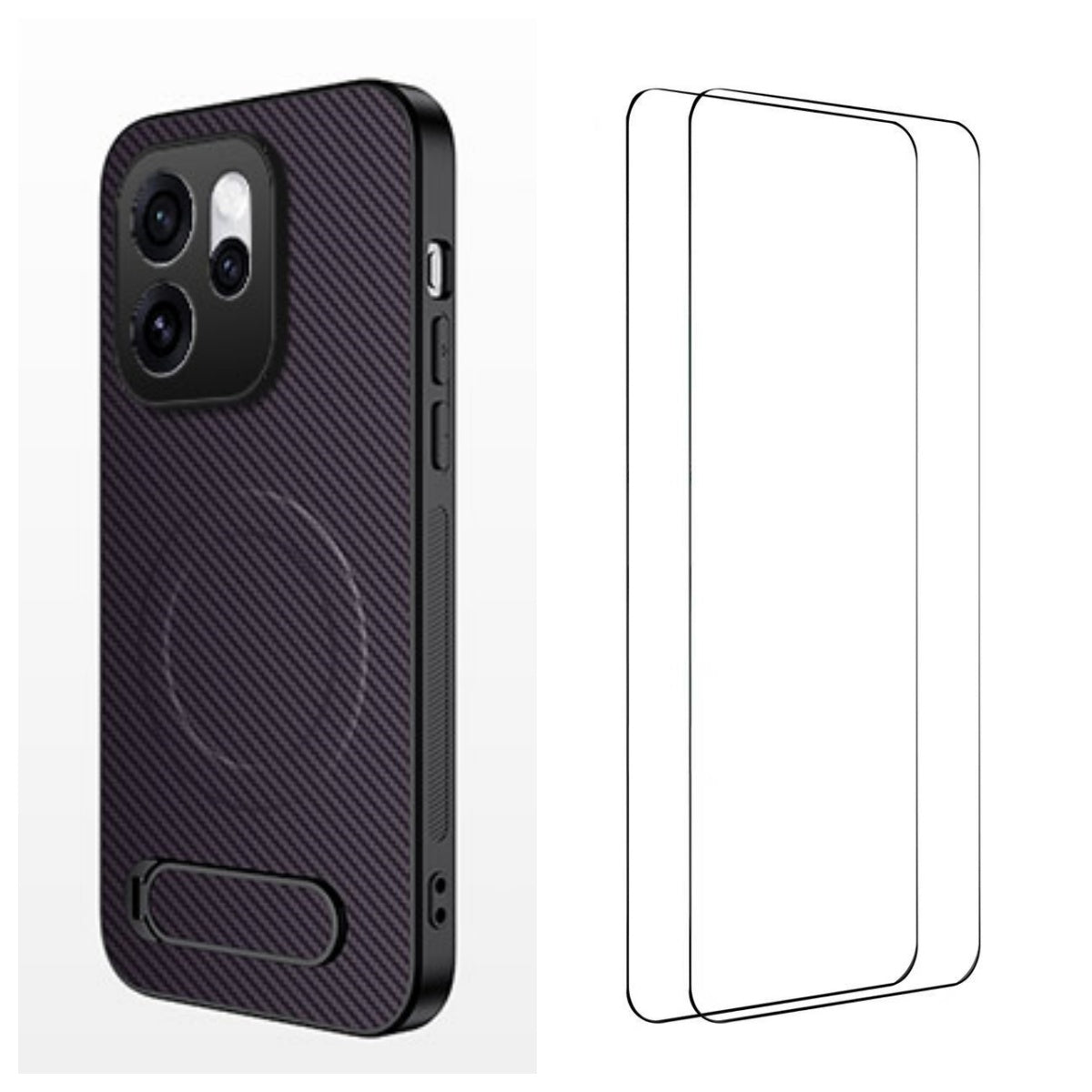 WANLONFENG magnetisk cover med 2 stk. hærdet glas i QT1-serien, stativ, kulfiberstruktur og PC-TPU-mobilcover til Oppo Reno15 Pro Max 5G (Global) / Oppo Reno15 Pro 5G (Kina)