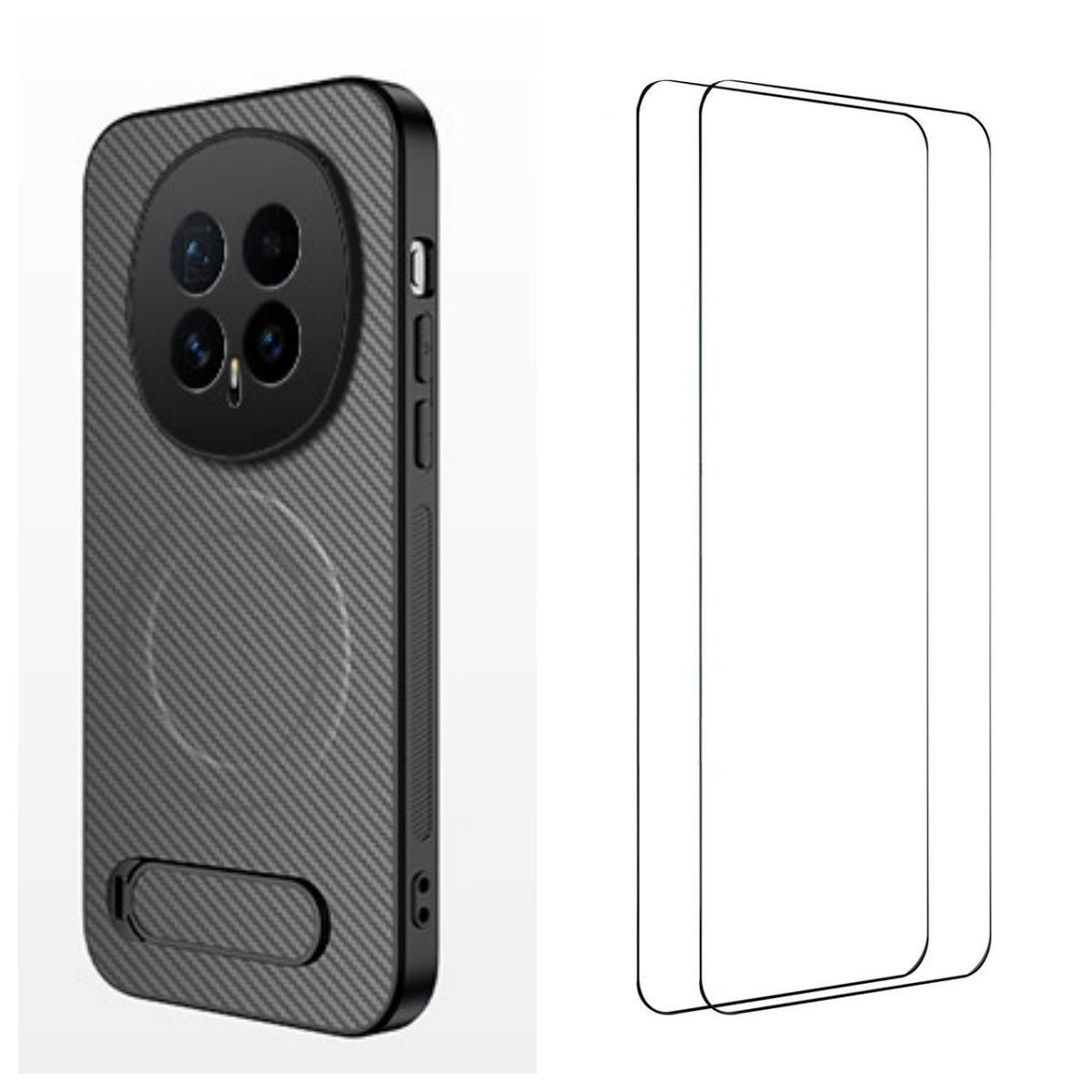 WANLONFENG magnetisk cover til Honor Magic8 5G med 2 stk. hærdet glas, QT1-seriens stativ, kulfiberstruktur, PC-TPU-mobilcover