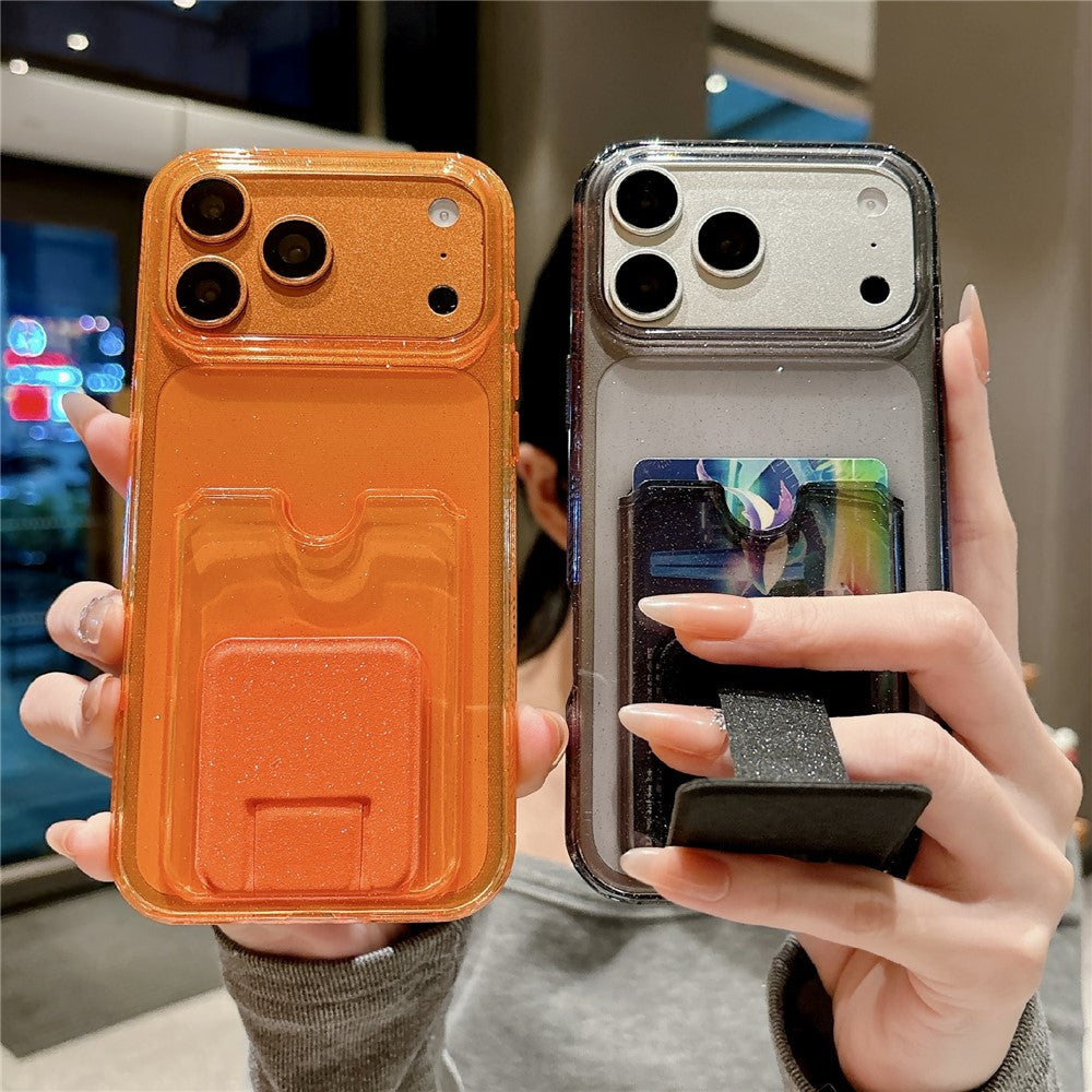Glittrigt mobilskal för iPhone 17 Pro Max, 2,0 mm stötsäkert TPU-skal med korthållare, stöd