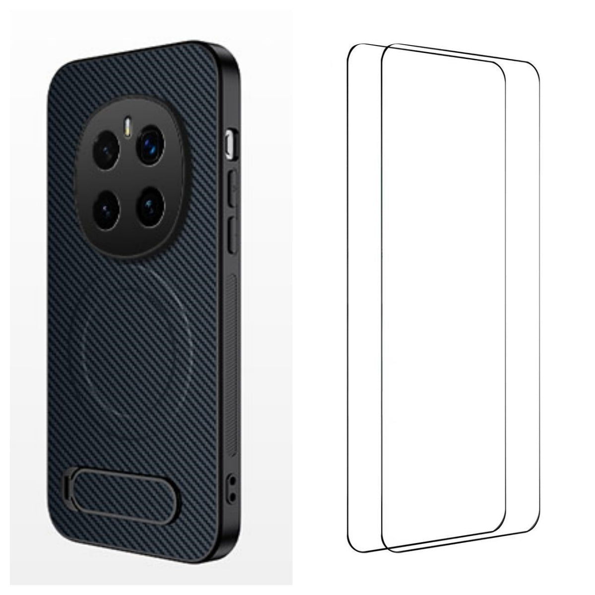 WANLONFENG For Honor Magic7 Pro 5G Magnetic Case with 2Pcs Tempered Glass Films  QT1 Series Kickstand Carbon Fiber Texture PC TPU Phone Cover