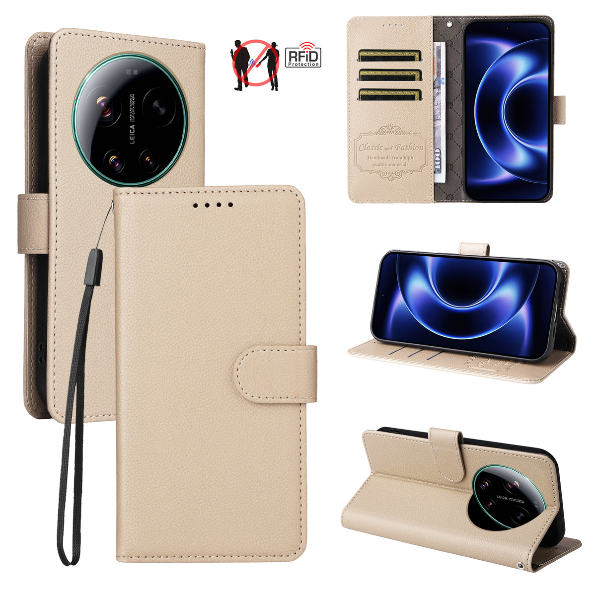For Xiaomi 17 Ultra 5G Case RFID Blocking 3 Card Slots PU Leather Phone Cover with Wrist Strap