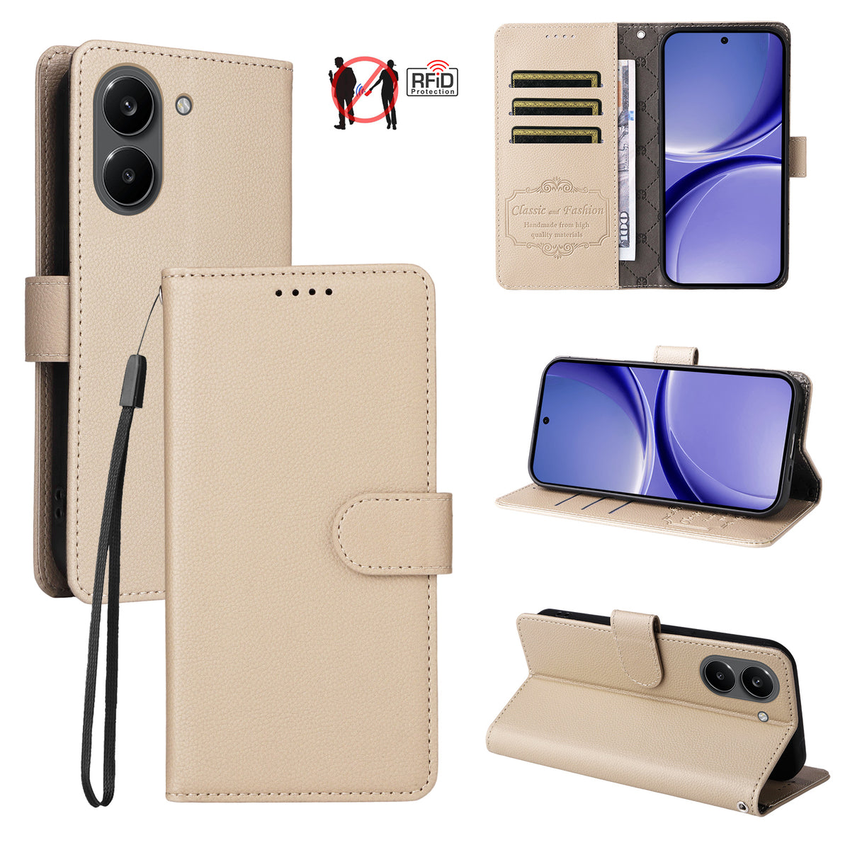 For Xiaomi Poco X8 Pro 5G / Xiaomi Redmi Turbo 5 5G Case RFID Blocking 3 Card Slots PU Leather Phone Cover with Wrist Strap