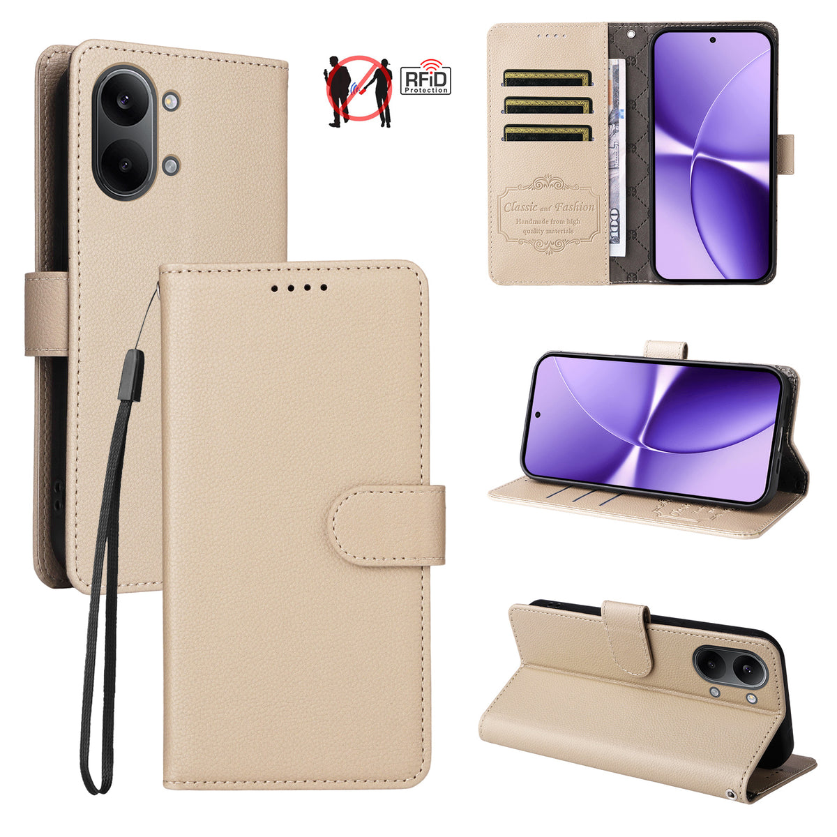 For Xiaomi Redmi Turbo 5 Max 5G Case RFID Blocking 3 Card Slots PU Leather Phone Cover with Wrist Strap