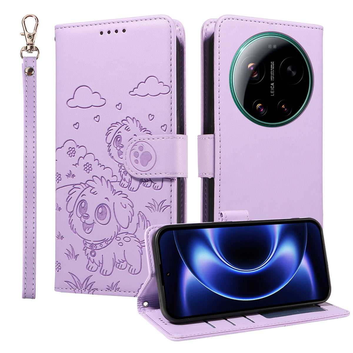 For Xiaomi 17 Ultra 5G Case RFID Blocking Imprinted Dog Pattern PU Leather Phone Cover with Wrist Strap