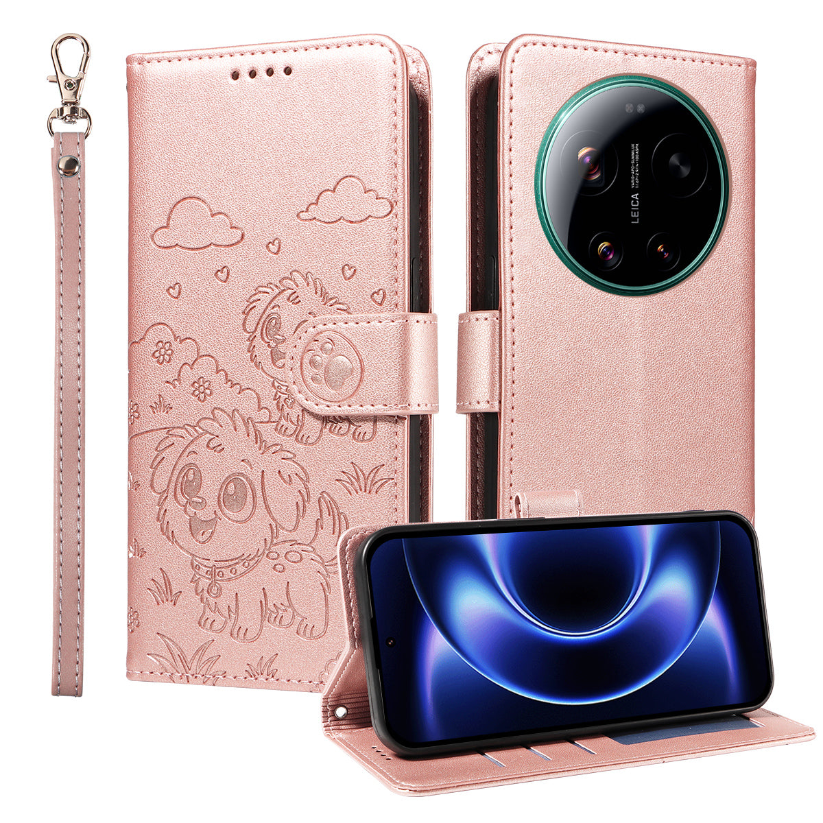 For Xiaomi 17 Ultra 5G Case RFID Blocking Imprinted Dog Pattern PU Leather Phone Cover with Wrist Strap