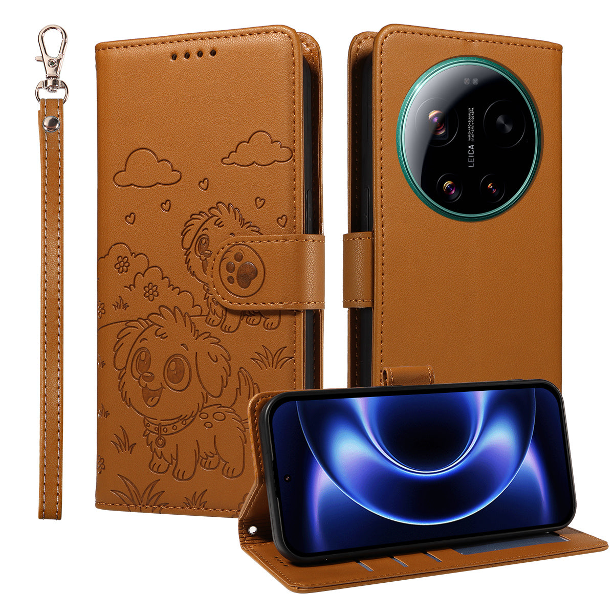 For Xiaomi 17 Ultra 5G Case RFID Blocking Imprinted Dog Pattern PU Leather Phone Cover with Wrist Strap