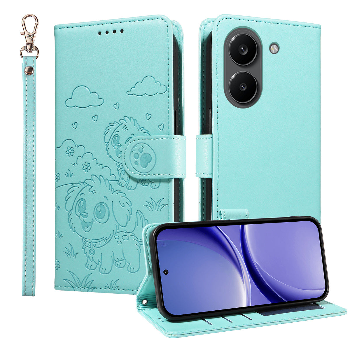 For Xiaomi Poco X8 Pro 5G / Xiaomi Redmi Turbo 5 5G Case RFID Blocking Imprinted Dog Pattern PU Leather Phone Cover with Wrist Strap